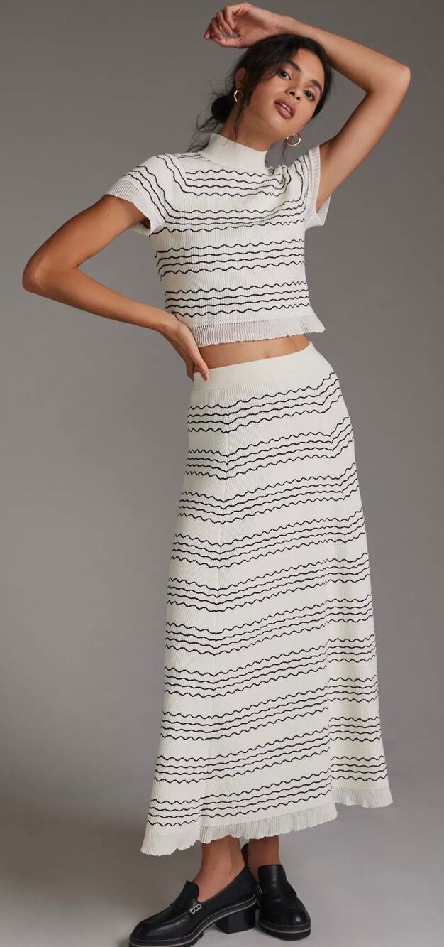 Anthropologie Maeve Cream & Black Wavy Stripe Knit Maxi Skirt Size Medium